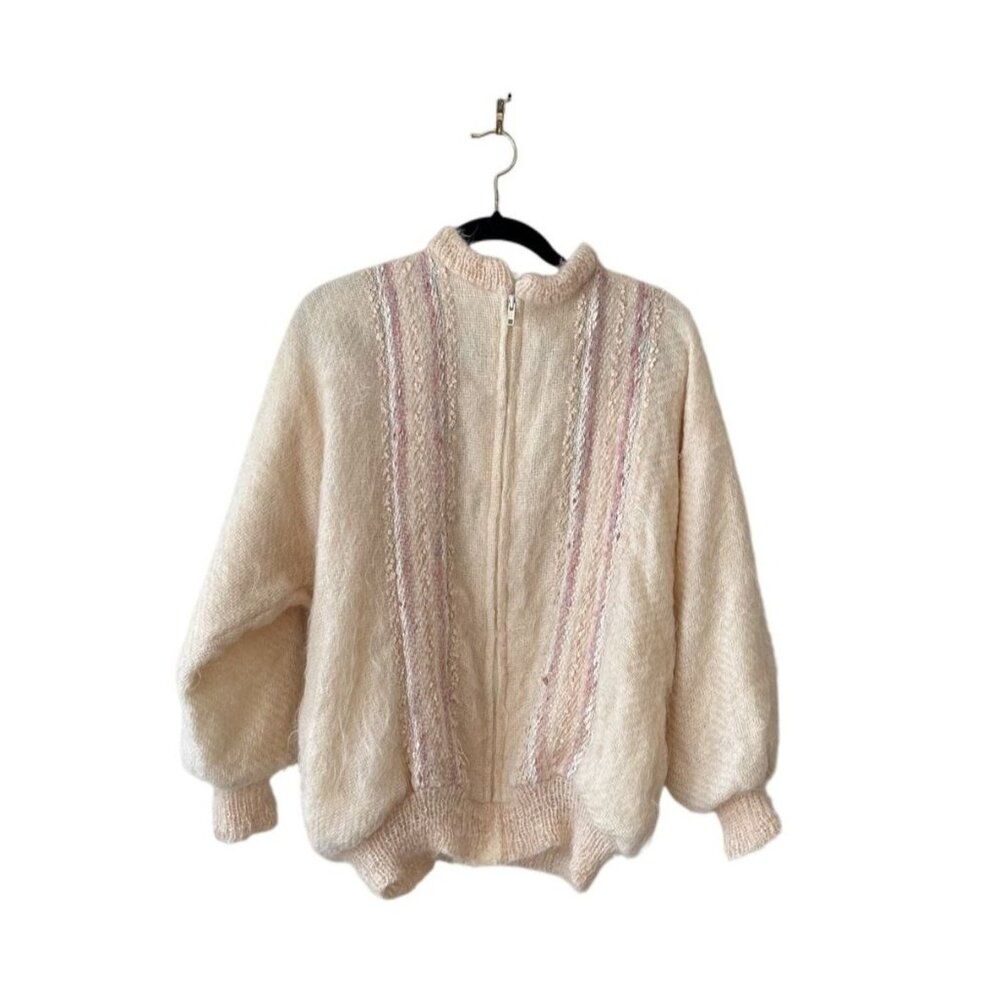 Vintage 80s Mohair Blend Zip-Up Cardigan Fuzzy Puffy Sleeves Ribbed Cuffs Retro